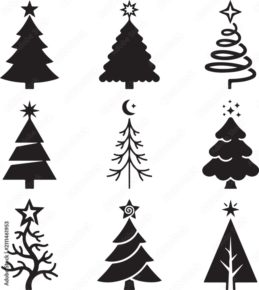 Obraz premium Minimalist Christmas tree icons set, black silhouette pine tree vector collection, 9 modern holiday fir tree symbols for winter greeting cards