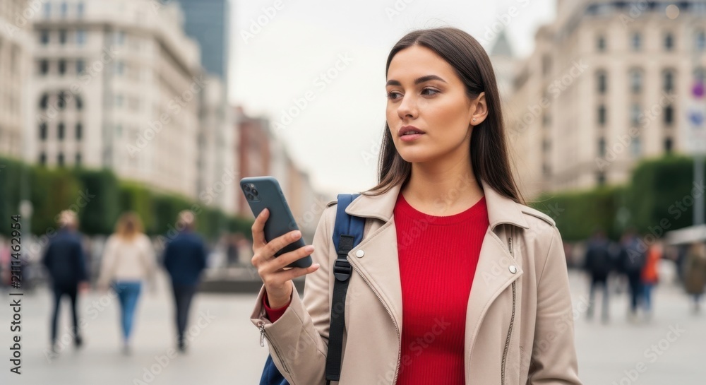 Fototapeta premium Young woman using smartphone in city. Female traveler checking mobile phone on street.