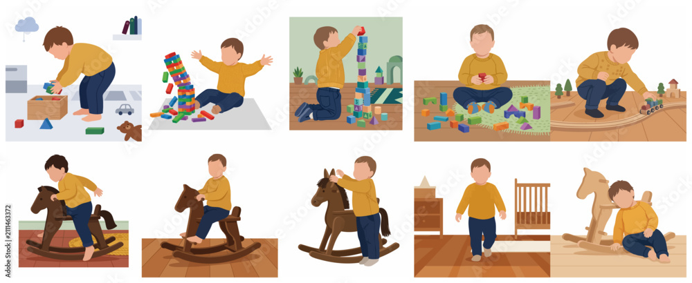 Fototapeta premium Set of flat illustrations featuring a young toddler boy playing with wooden blocks, a toy train, and a rocking horse in various nursery settings, showcasing early childhood development and play.