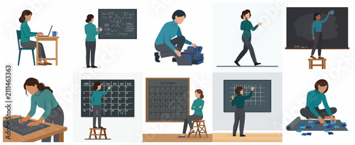 Vector illustration set of a professional woman working in different office scenarios like project planning, scheduling, brainstorming, and multitasking in a modern workplace.
