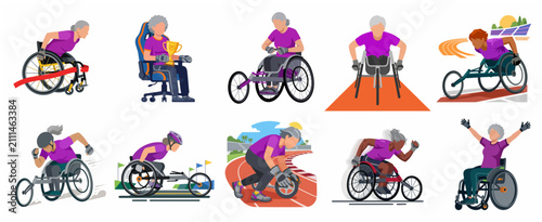 Set of Diverse Senior Women Athletes in Wheelchair Racing, Gaming, and Competitive Sports Illustrations