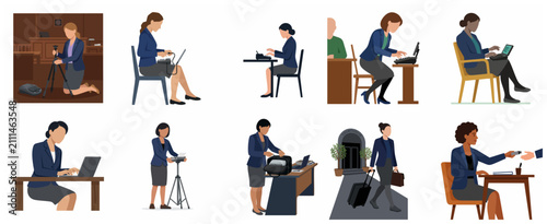 Photos Professional court reporter and stenographer illustration set, featuring women working with stenotype machines in legal settings
