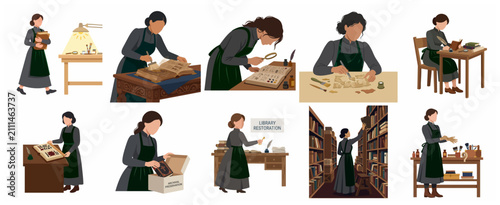 Bild auf Leinwand Professional female book restorer and archivist characters performing manuscript
