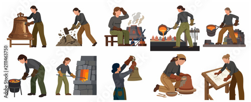 Foto Professional women workers in a bell foundry set, illustrating the traditional metal casting process, molding, pouring molten metal, and finishing bronze bells in a flat vector style