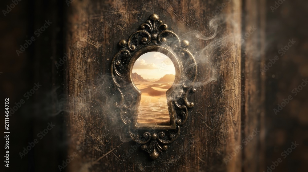 Obraz premium Desert landscape seen through an ornate antique keyhole