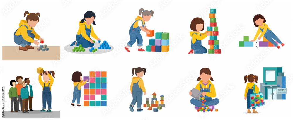 Fototapeta premium Flat vector set of a little girl playing with colorful building blocks, stacking cubes, and developing motor skills in various poses for early childhood education and creativity.