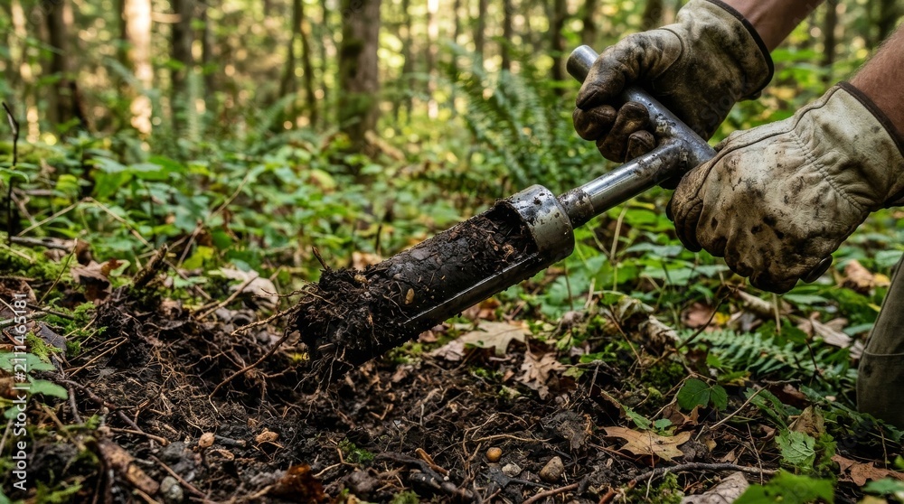 Obraz premium Soil scientist taking a core sample in the forest.