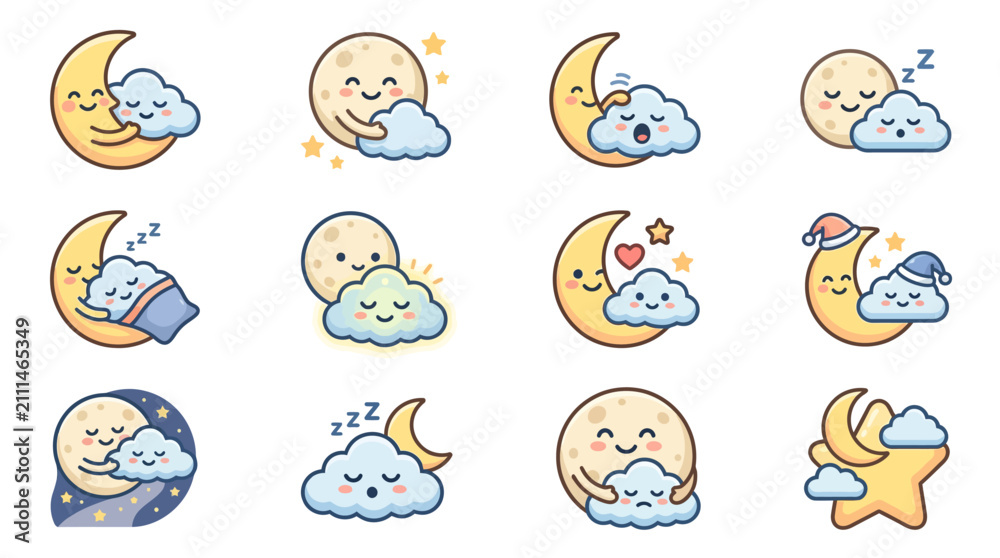 Obraz premium Kawaii moon and cloud characters sleeping and cuddling set.