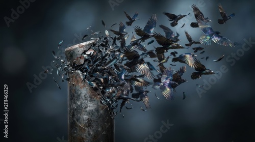 Flock of birds emerging from a weathered metal pillar