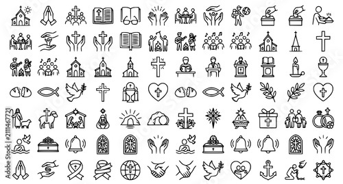 Photography Christian Church Worship Editable Stroke Outline Icon Collection Black Vector