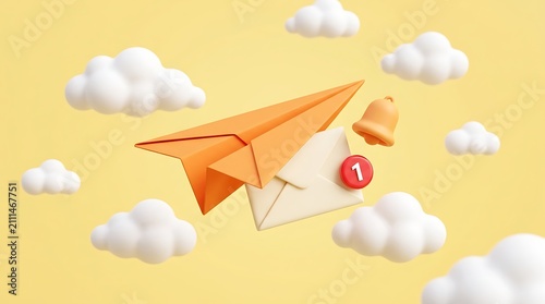 3D render of a vibrant orange paper airplane flying through fluffy white clouds, symbolizing fast message delivery and email communication. A notification bell and new email icon suggest instant