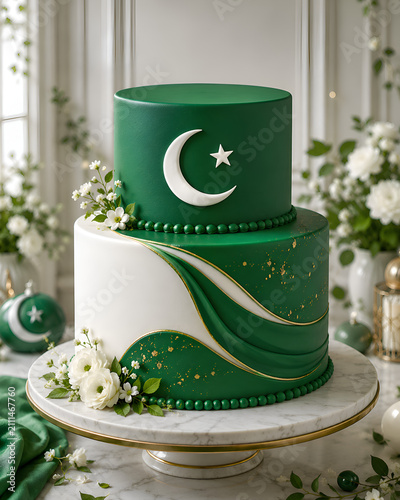 AI Generated Pakistan Independence Day Cake with Crescent and Star
