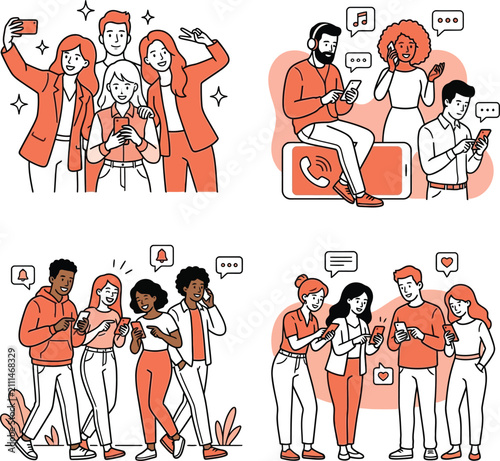 People using smartphones vector illustration set. Young diverse friends taking selfie, social media communication, mobile app technology icons. Group of people texting and calling, flat minimalist cha