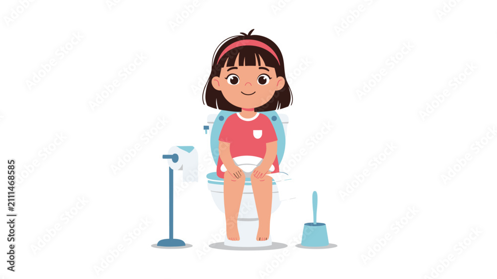 Fototapeta premium Cute little girl sitting on a white toilet toilet training in a bathroom, promoting healthy personal hygiene habits.