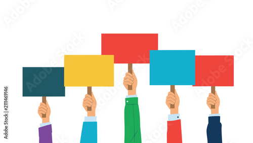 Diverse hands holding up colorful blank signs, representing public protest, social activism, or message space.