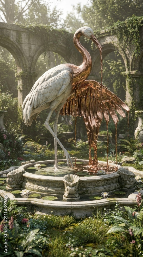 Obraz premium Crane bird sculpture fountain in a lush garden