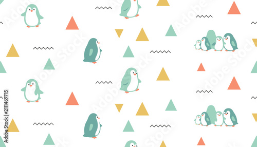Adorable seamless pattern of cute cartoon penguins with colorful geometric triangles on white background.