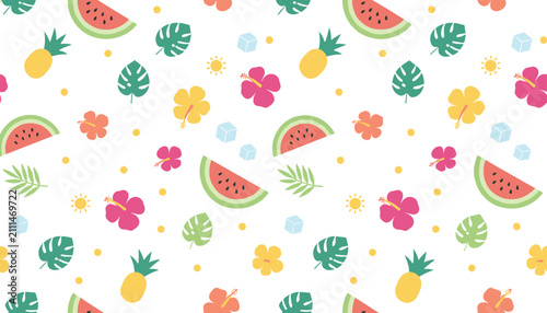 Tropical summer seamless pattern with watermelon, pineapple, hibiscus flowers, and palm leaves on white background.