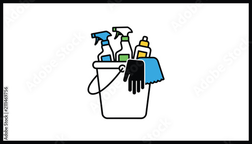 Flat vector illustration of white bucket filled with colorful cleaning bottles, black glove, and blue cloth.