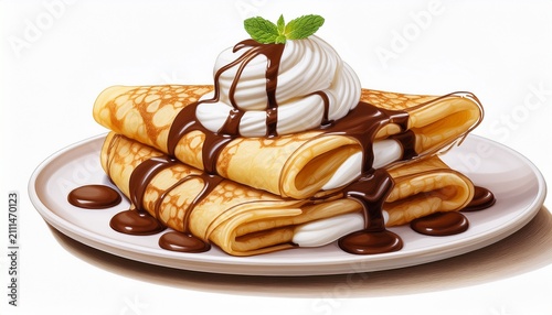 Isolated Stack Of Folded Crepes With Rich Chocolate Syrup And Creamy Whipped Topping