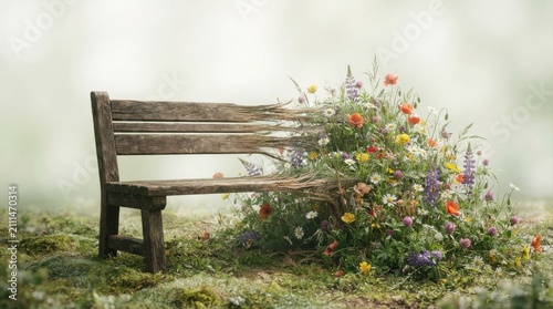 Wooden bench dissolving into wildflowers in a meadow
