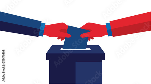 Voting Concept with Red Hands Placing a Blue Ballot into a Box for Democratic Election Processes