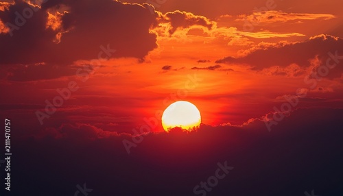 Beautiful Red Sunset With Clouds And Big Sun