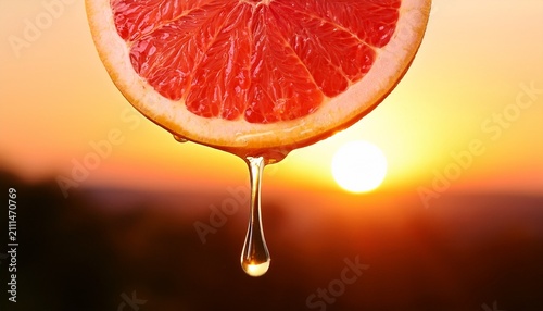 Close Up Of Grapefruit Slice With Dripping Honey Against A Warm Golden Sunset Sky