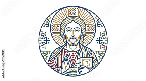 Foto Colorful Illustrated Portrait of Jesus Christ with Halo.