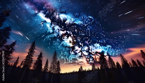 Star Filled Night Sky With Milky Way Stretching Diagonally Above Silhouetted Trees Faint Horizon Glow Adding Depth And Cosmic Wonder