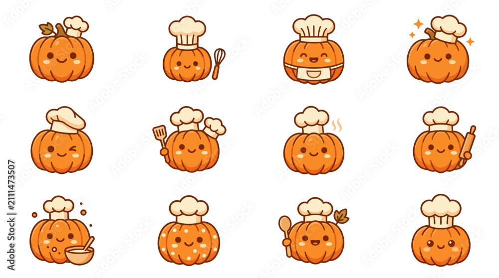Fototapeta premium Cute pumpkin chef and baker character set.