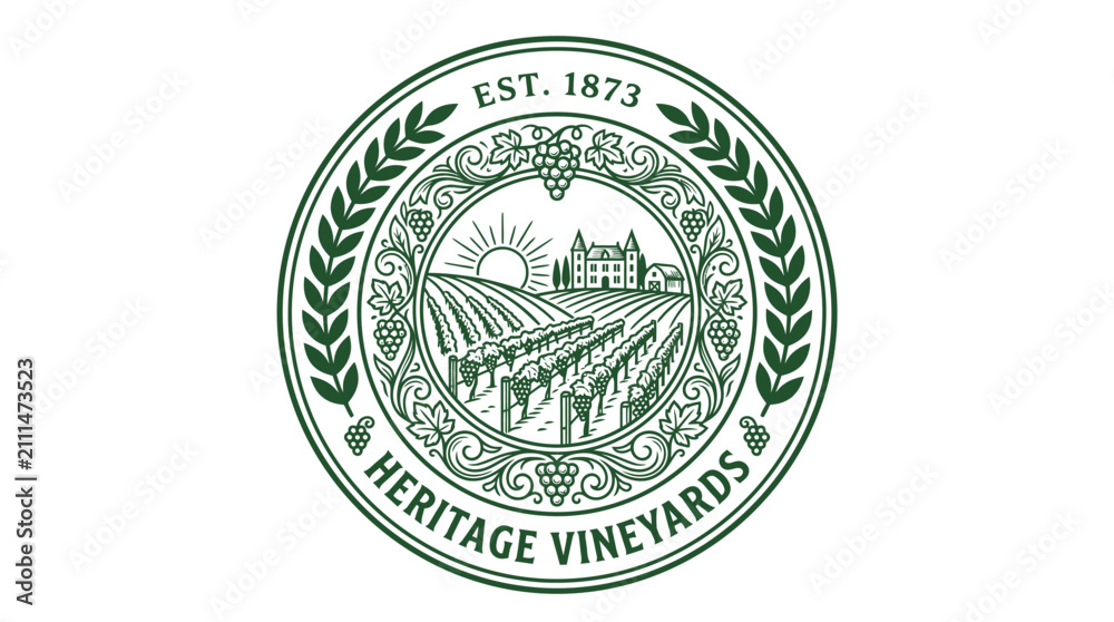 Obraz premium Heritage Vineyards circular vintage logo emblem with vineyard landscape.