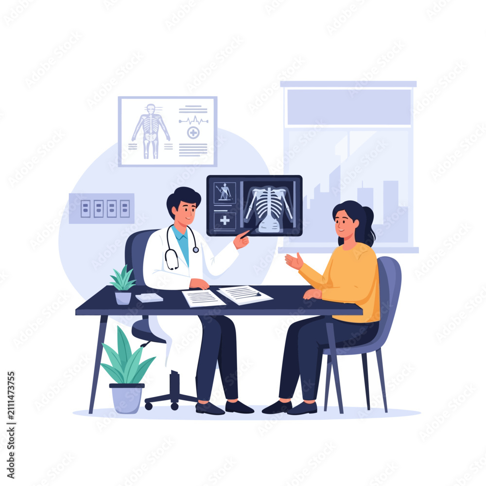 Fototapeta premium Doctor Consulting Patient Showing X-Ray Results In Clinic