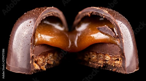 Chocolate bonbon with salted caramel filling. Gourmet truffle cut in half on black background.