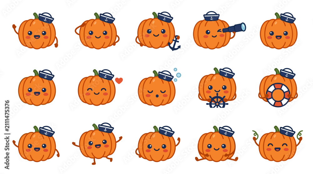 Fototapeta premium Sailor pumpkin characters with hats and anchors.