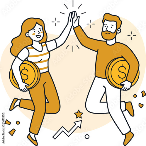 Financial success concept. Business partners celebrating money growth. Man and woman high-five jumping with gold coins. Investment profit achievement. Vector illustration of wealth and partnership. Fi