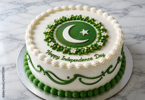 AI Generated Pakistan Independence Day Cake with Crescent and Star