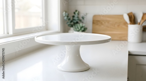 Empty white ceramic cake stand placed on a clean kitchen counter in a bright modern home