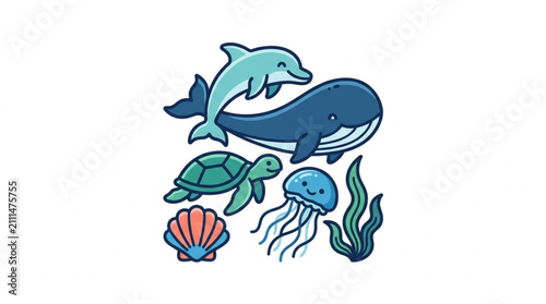 Photography Colorful ocean animals illustration with dolphin and whale.