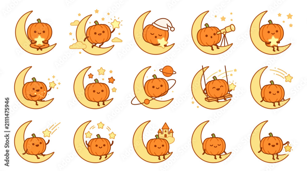 Naklejka premium Whimsical pumpkin characters on yellow crescent moons.