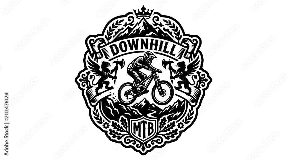Obraz premium Ornate downhill mountain bike crest with heraldic crown.