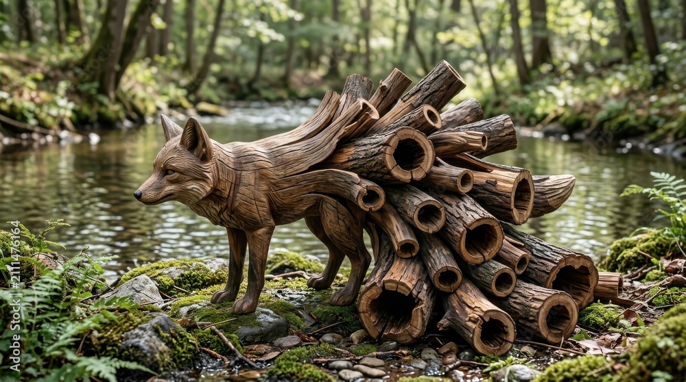 Obraz premium Wooden sculpture of a fox with a log tail in a forest stream
