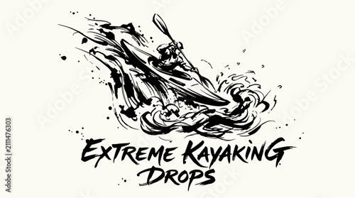 Принти на полотні Extreme kayaking waterfall drop action sketch