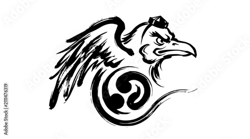 Raven with tomoe symbol stylized bird logo.