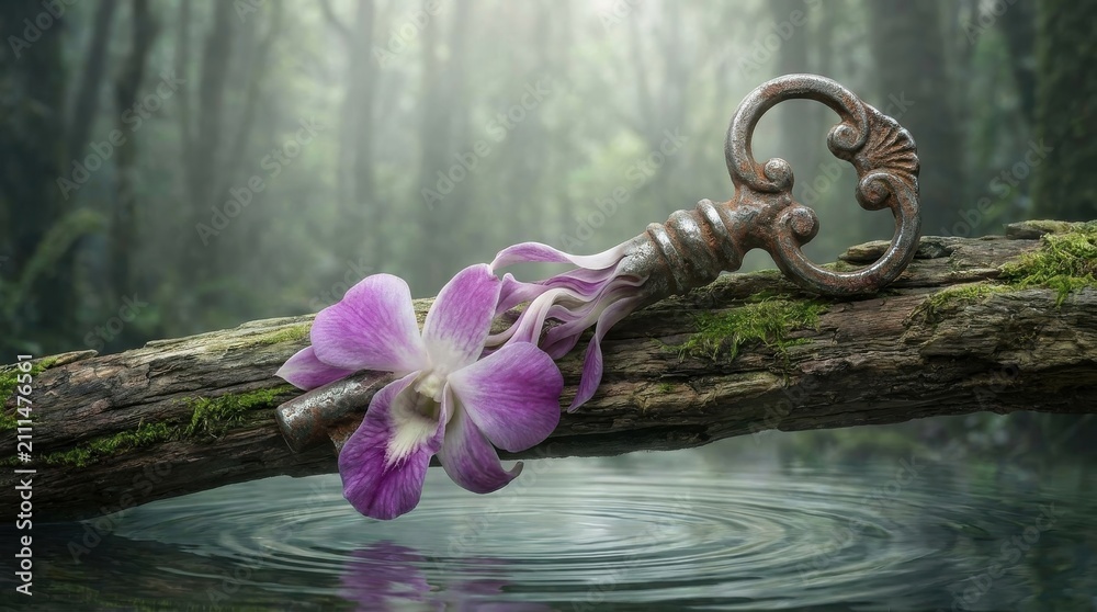 Obraz premium Vintage key with purple orchid on mossy log over water