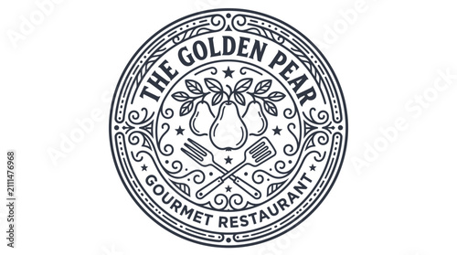 Vintage style round logo design for The Golden Pear gourmet restaurant.