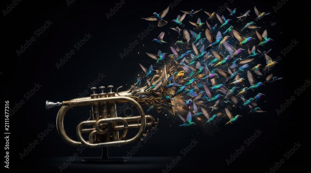 Obraz premium Cornet with a swarm of colorful hummingbirds