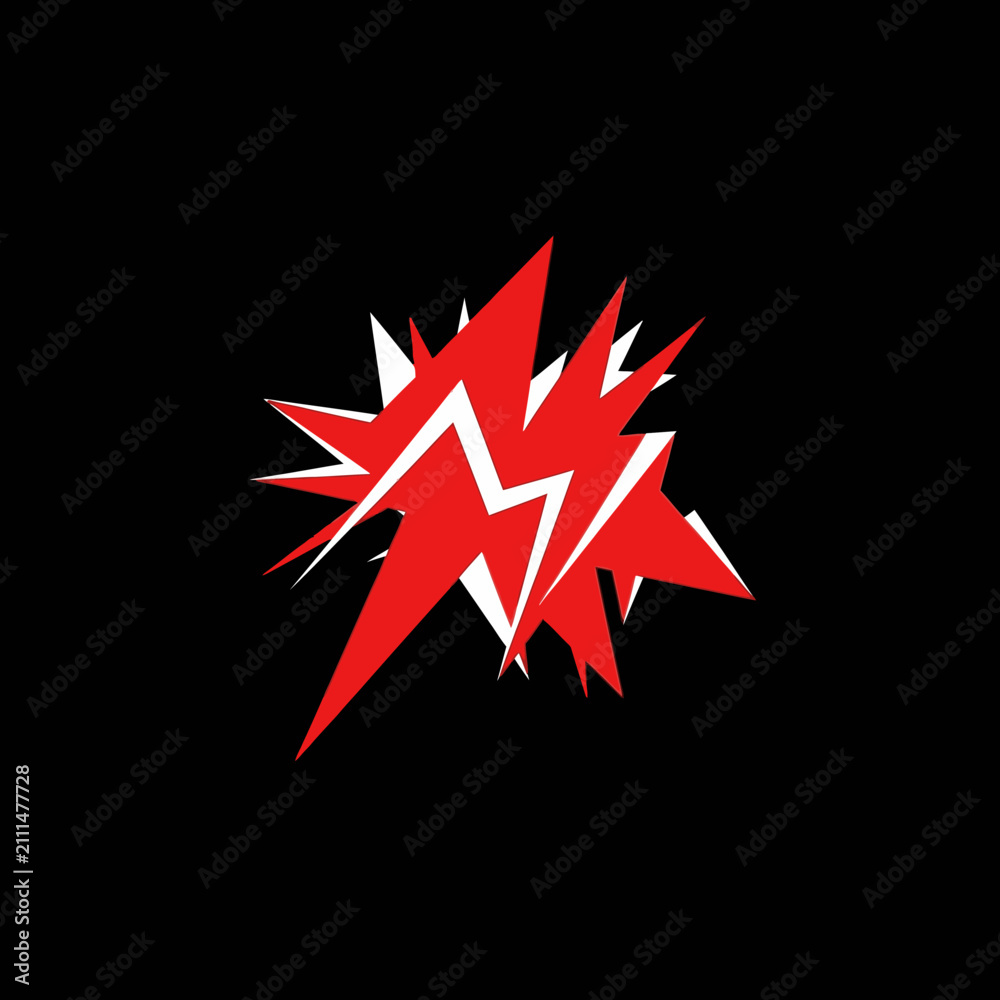 Fototapeta premium Red abstract explosion graphic with white lightning bolt symbol on black background, dynamic energy burst