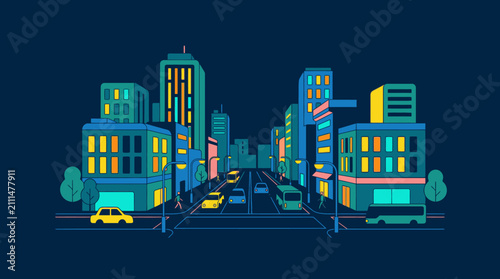 Vibrant vector illustration of a modern city street at night, featuring illuminated skyscrapers, busy traffic, and glowing windows against a dark urban backdrop.