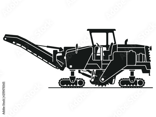 Detailed road milling machine silhouette isolated on white background